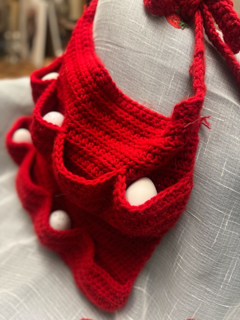 Handmade Red Crochet Egg Collecting Apron